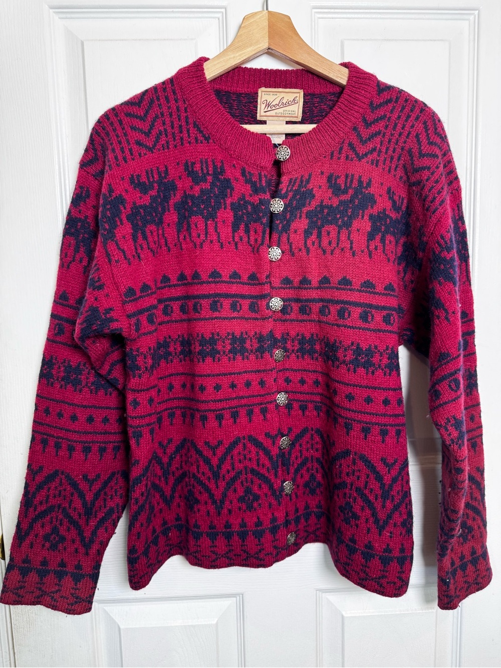 Vintage Woolrich 100% Wool Red Nordic Folk Jacquard Cardigan Small Classic